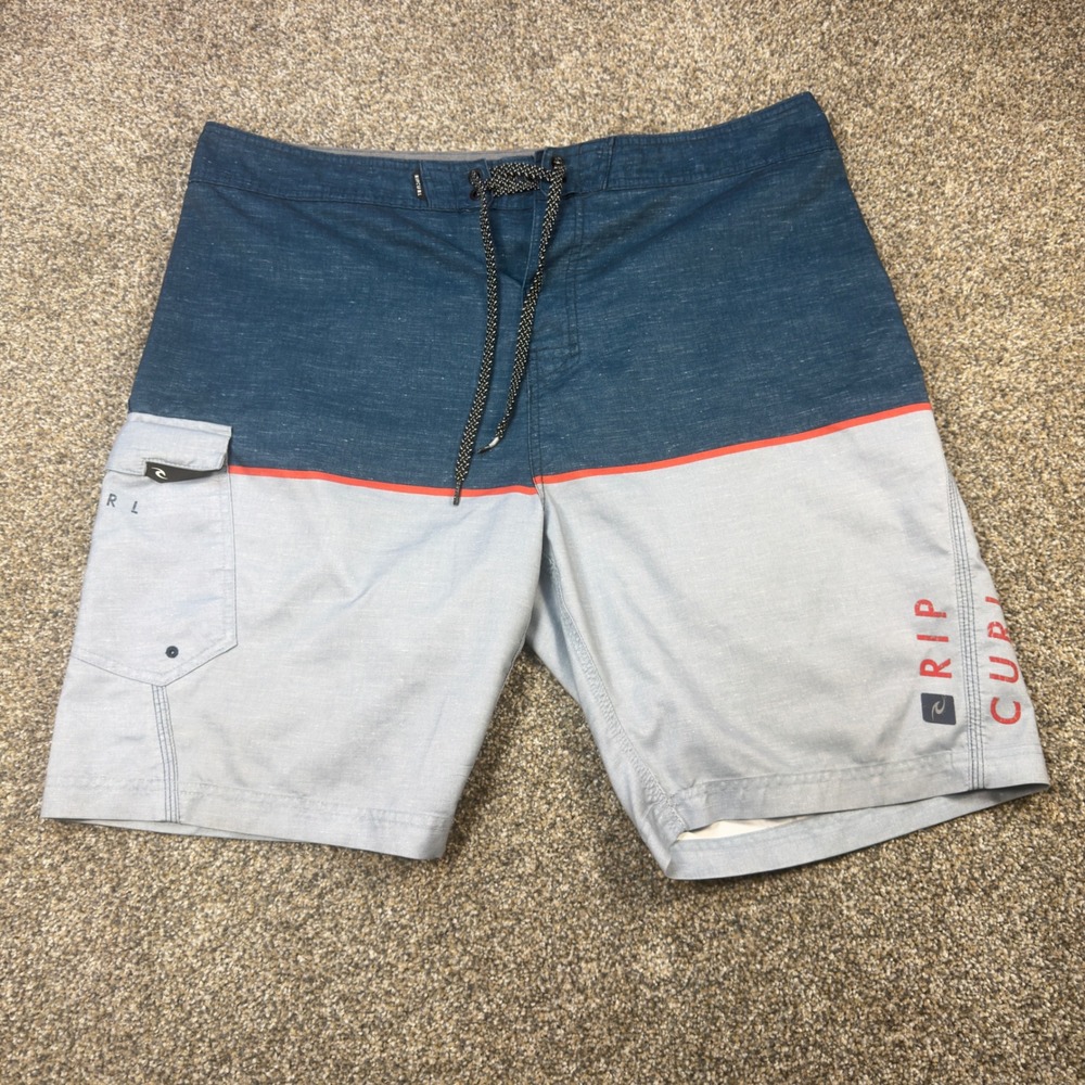 Rip Curl Mens Blue Grey Colorblock Board Shorts Size 38 Cargo Pocket Swim Trunks